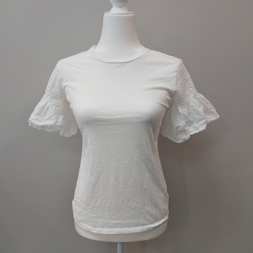 Stella & Dot Maette white  smocked trumpet bell sleeve crew neck top Size XS